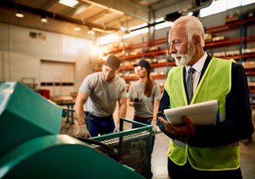 senior businessman taking notes while inspecting workers who are working machine factory warehouse v2